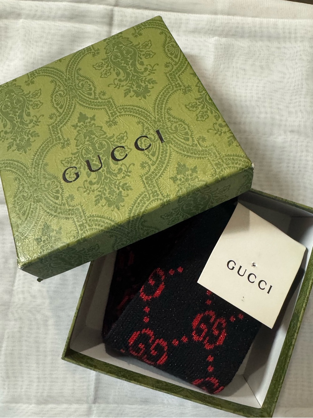 Black long Socks w/Red GG iconic logo print. New in Damask Gucci Box - See Notes - Picture 7 of 9